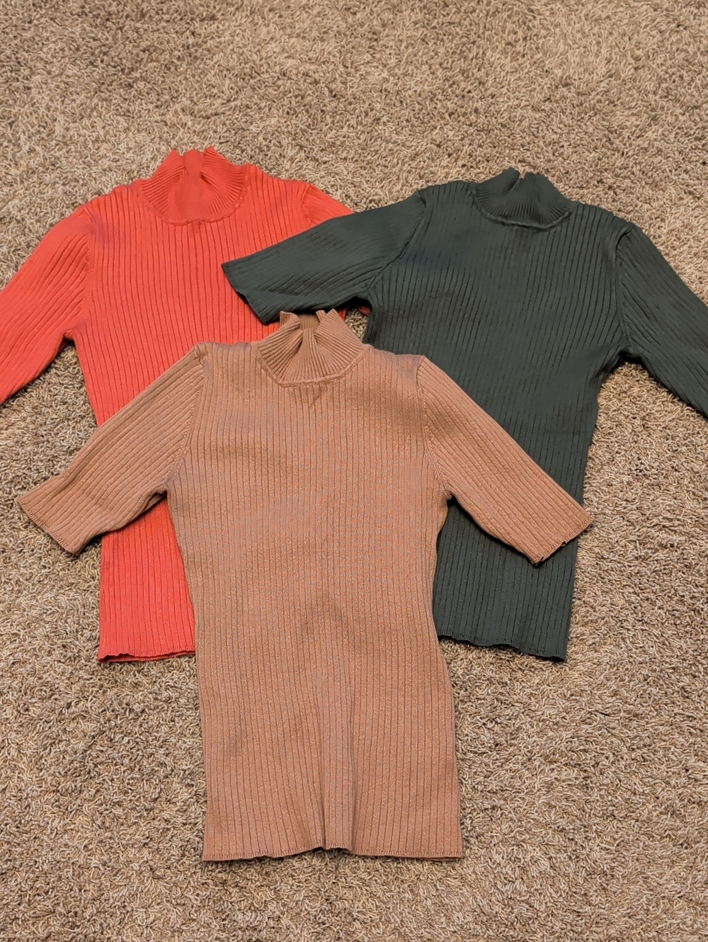 Madison Grey Ribbed Mock Neck Sweater Tops Short Sleeve Orange, Olive, and Camel